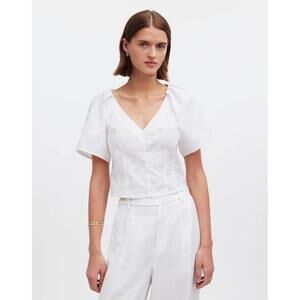 Madewell Top Womens Sz 6 White Darted V-Neck Floral 100% Cotton Puff Sleeves